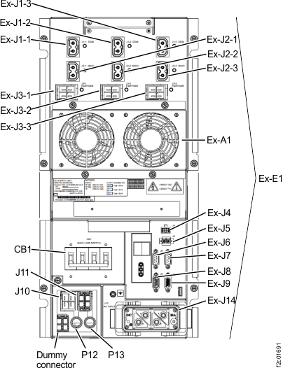 Location codes for the DC-UPS (three-phase Models 98x) (rear)